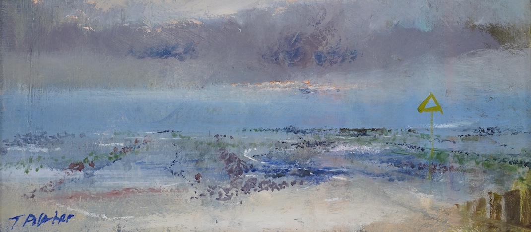 From the Studio of Fred Cuming. Terence Pilcher (20th. C), Contemporary oil on board, Coastal scene, signed, 11 x 23cm. Condition - good